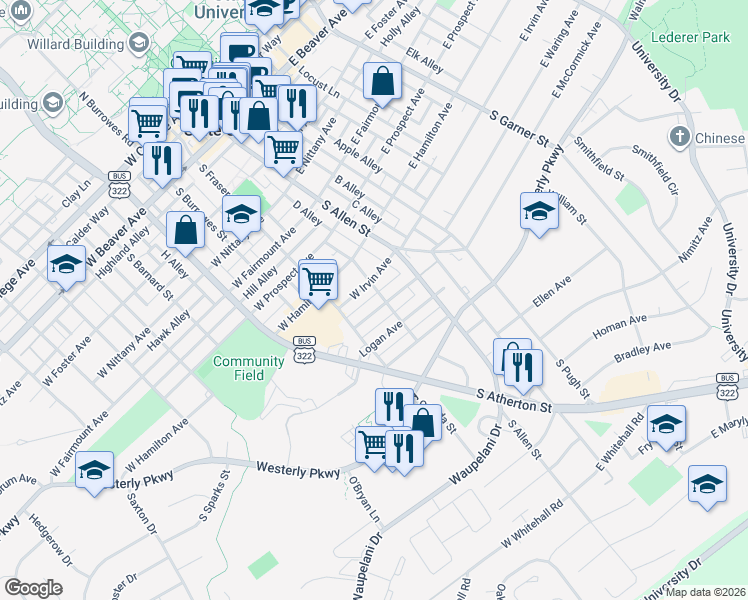 map of restaurants, bars, coffee shops, grocery stores, and more near 218 West Irvin Avenue in State College