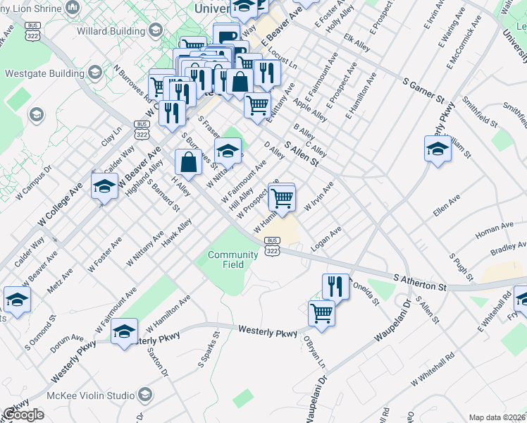 map of restaurants, bars, coffee shops, grocery stores, and more near 223 West Hamilton Avenue in State College