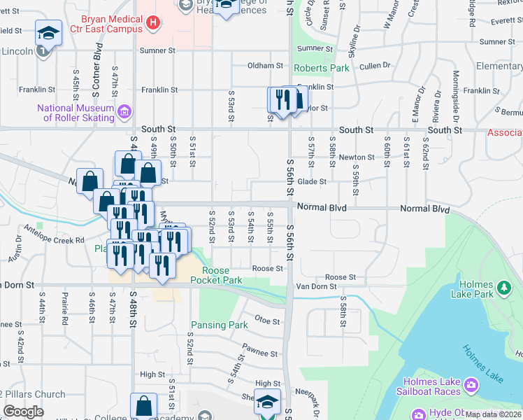 map of restaurants, bars, coffee shops, grocery stores, and more near 2400 South 54th Street in Lincoln
