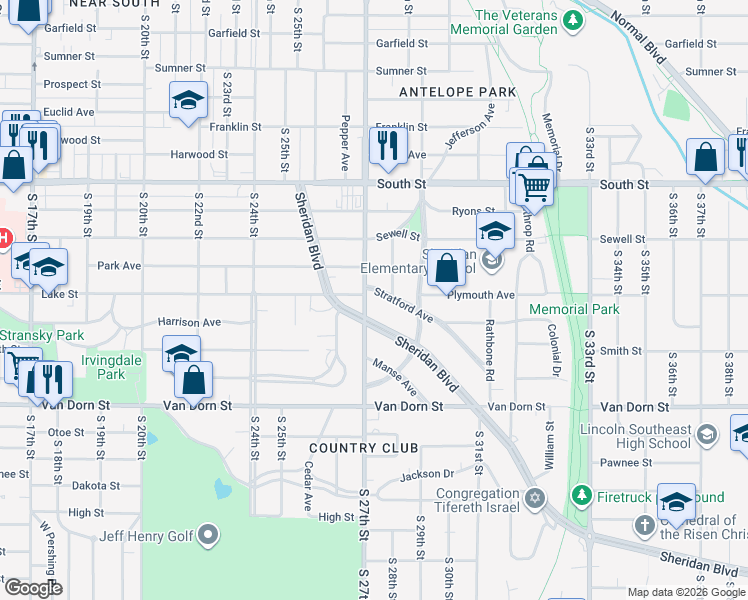 map of restaurants, bars, coffee shops, grocery stores, and more near 2701 Stratford Avenue in Lincoln
