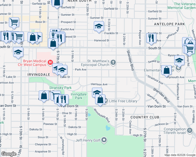 map of restaurants, bars, coffee shops, grocery stores, and more near 2135 Lake Street in Lincoln