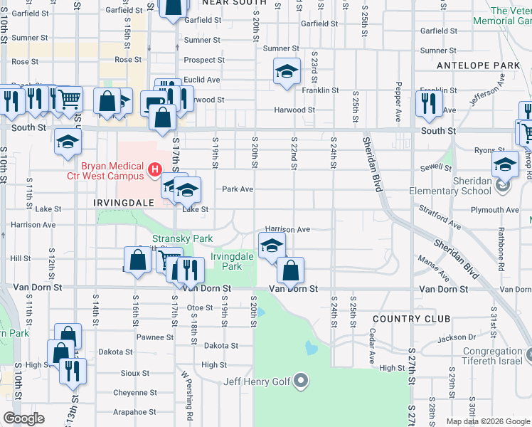 map of restaurants, bars, coffee shops, grocery stores, and more near 2019 Lake Street in Lincoln
