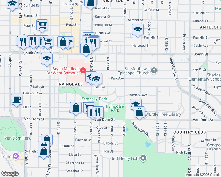 map of restaurants, bars, coffee shops, grocery stores, and more near 1841 Lake Street in Lincoln