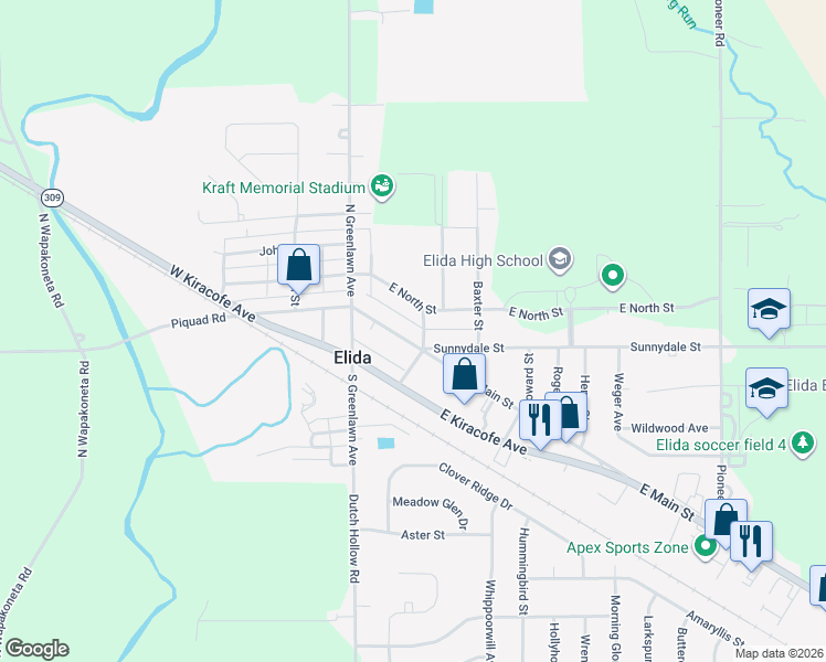 map of restaurants, bars, coffee shops, grocery stores, and more near 123 East Main Street in Elida