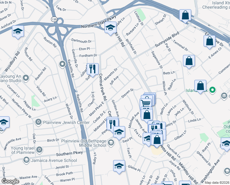 map of restaurants, bars, coffee shops, grocery stores, and more near 38 Main Parkway in Plainview