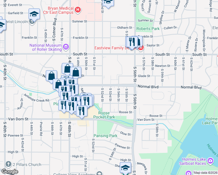 map of restaurants, bars, coffee shops, grocery stores, and more near 5239 Normal Boulevard in Lincoln