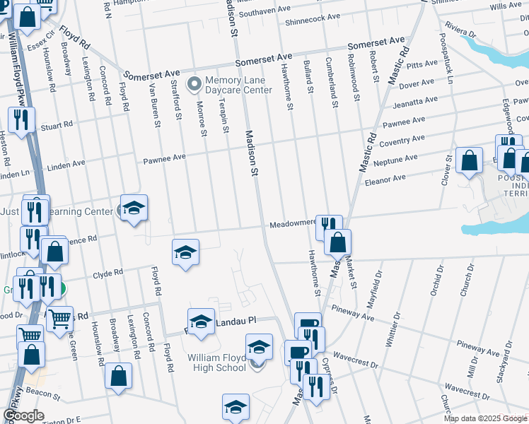 map of restaurants, bars, coffee shops, grocery stores, and more near 205 Madison Street in Mastic