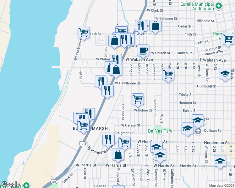 map of restaurants, bars, coffee shops, grocery stores, and more near 2160 Fairfield Street in Eureka
