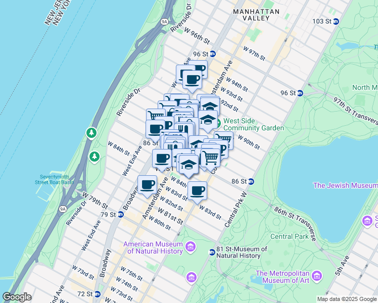 map of restaurants, bars, coffee shops, grocery stores, and more near 166 West 87th Street in New York