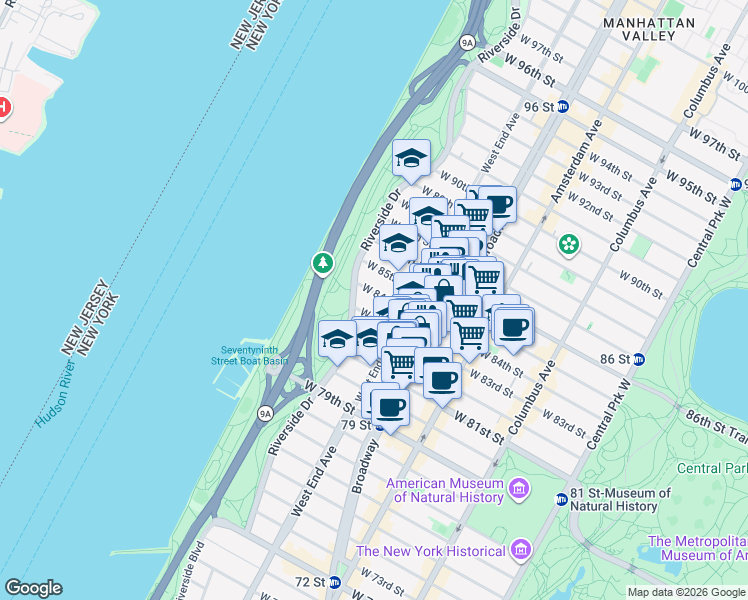 map of restaurants, bars, coffee shops, grocery stores, and more near 330 West 84th Street in New York