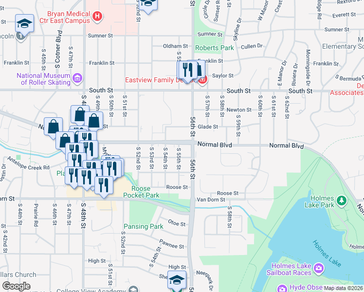 map of restaurants, bars, coffee shops, grocery stores, and more near 5501 Normal Boulevard in Lincoln