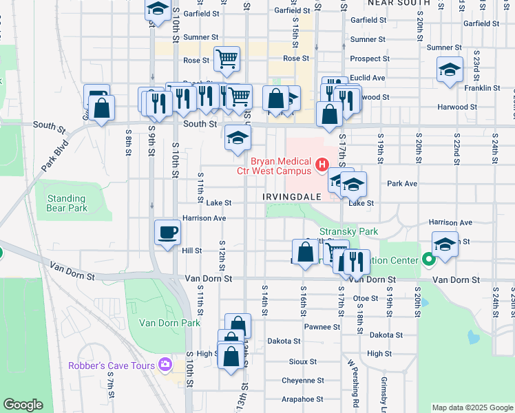 map of restaurants, bars, coffee shops, grocery stores, and more near 1327 Lake Street in Lincoln