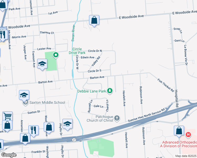 map of restaurants, bars, coffee shops, grocery stores, and more near 326 Barton Ave in Patchogue
