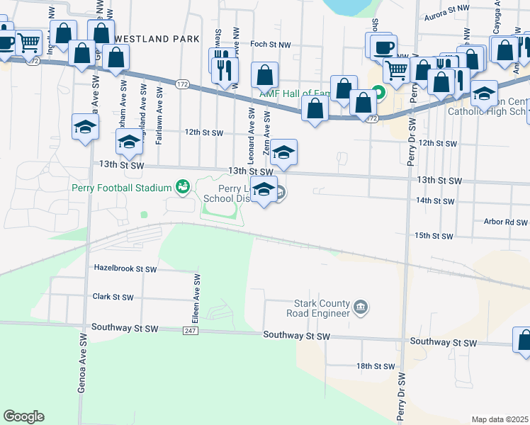 map of restaurants, bars, coffee shops, grocery stores, and more near 4201 13th Street Southwest in Massillon