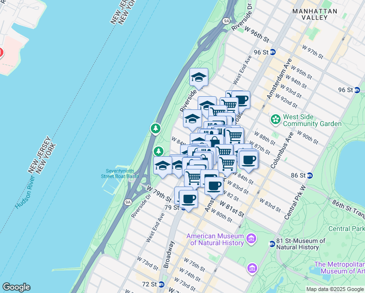 map of restaurants, bars, coffee shops, grocery stores, and more near 330 West 84th Street in New York