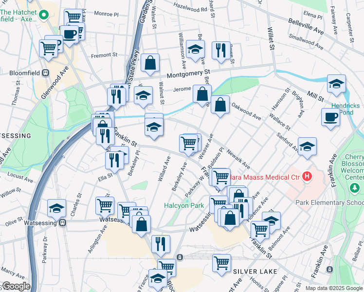 map of restaurants, bars, coffee shops, grocery stores, and more near 153 Franklin Street in Bloomfield
