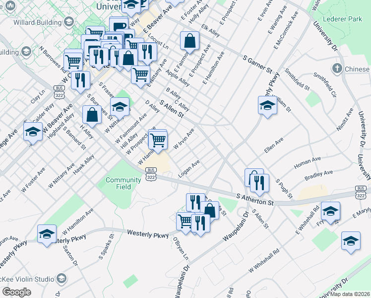 map of restaurants, bars, coffee shops, grocery stores, and more near 218 West Irvin Avenue in State College