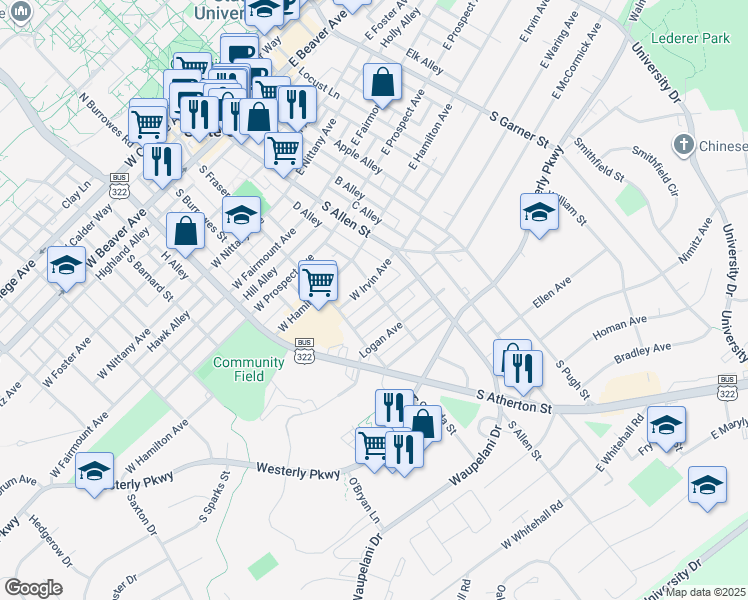 map of restaurants, bars, coffee shops, grocery stores, and more near 810 Walnut Street in State College