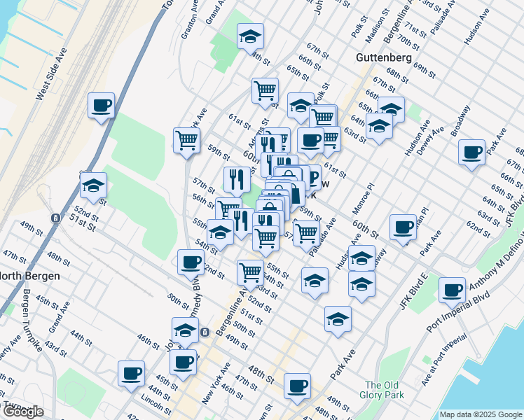 map of restaurants, bars, coffee shops, grocery stores, and more near 5713 Madison Street in West New York