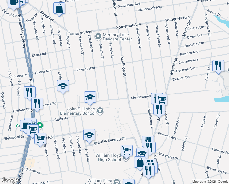 map of restaurants, bars, coffee shops, grocery stores, and more near 75 Terapin Street in Mastic