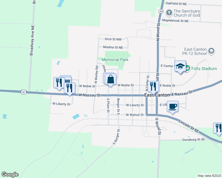 map of restaurants, bars, coffee shops, grocery stores, and more near 120 Plum Street North in East Canton