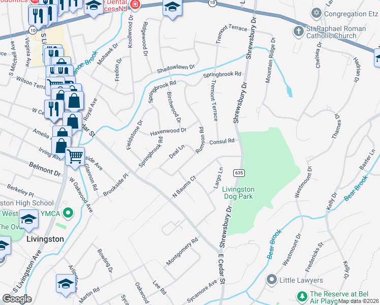 map of restaurants, bars, coffee shops, grocery stores, and more near 23 Rumson Road in Livingston