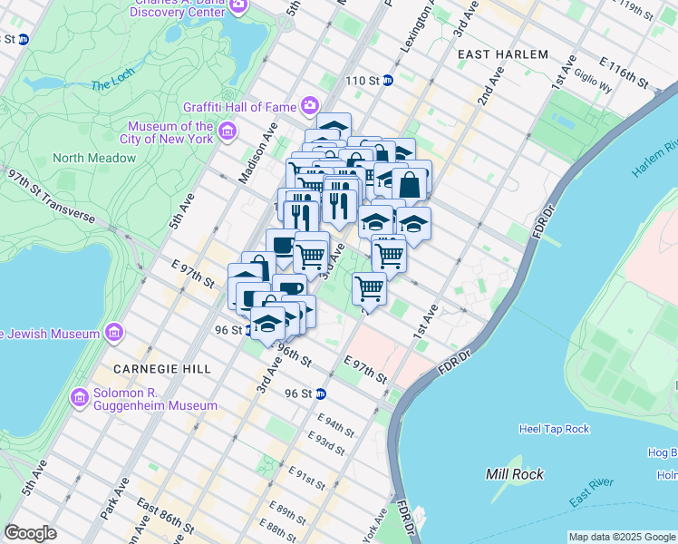 map of restaurants, bars, coffee shops, grocery stores, and more near 1809 3rd Avenue in New York