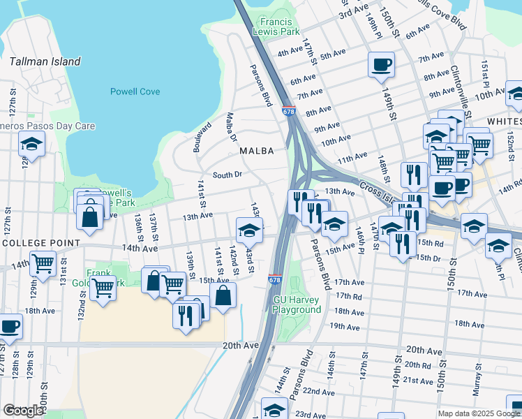 map of restaurants, bars, coffee shops, grocery stores, and more near 13-05 143rd Place in Queens