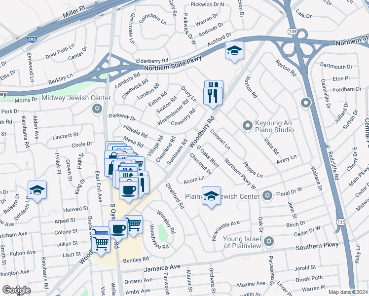 map of restaurants, bars, coffee shops, grocery stores, and more near 23 Sunbeam Road in Syosset