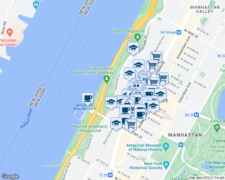 map of restaurants, bars, coffee shops, grocery stores, and more near 110116 Riverside Drive in New York