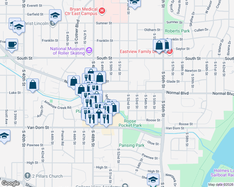 map of restaurants, bars, coffee shops, grocery stores, and more near 5025 Normal Boulevard in Lincoln
