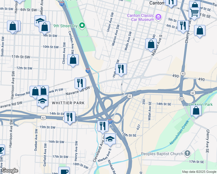 map of restaurants, bars, coffee shops, grocery stores, and more near 1225 High Avenue Southwest in Canton
