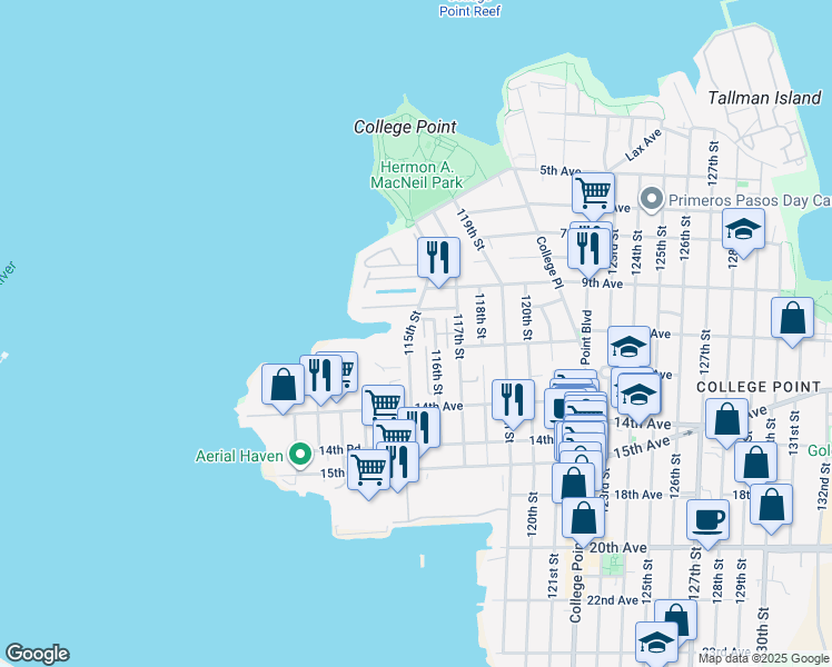 map of restaurants, bars, coffee shops, grocery stores, and more near 10-25 115th Street in Queens