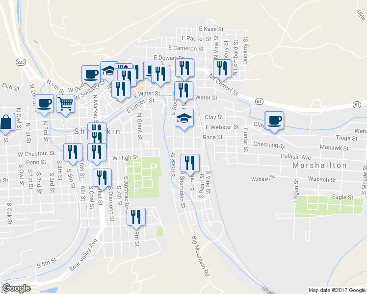 map of restaurants, bars, coffee shops, grocery stores, and more near 3 North Shamokin Street in Shamokin