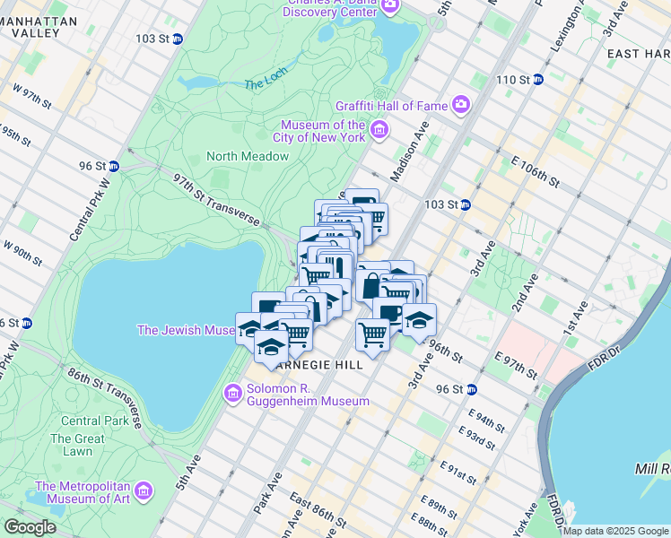 map of restaurants, bars, coffee shops, grocery stores, and more near 24 East 97th Street in New York