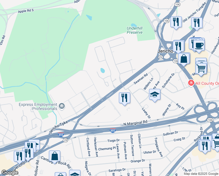 map of restaurants, bars, coffee shops, grocery stores, and more near 22 Club Drive South in Jericho