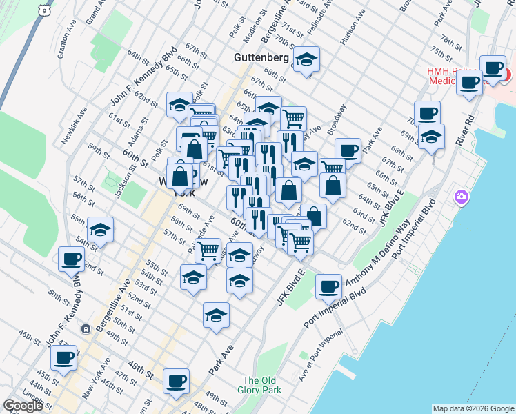map of restaurants, bars, coffee shops, grocery stores, and more near 6030 Hudson Avenue in West New York
