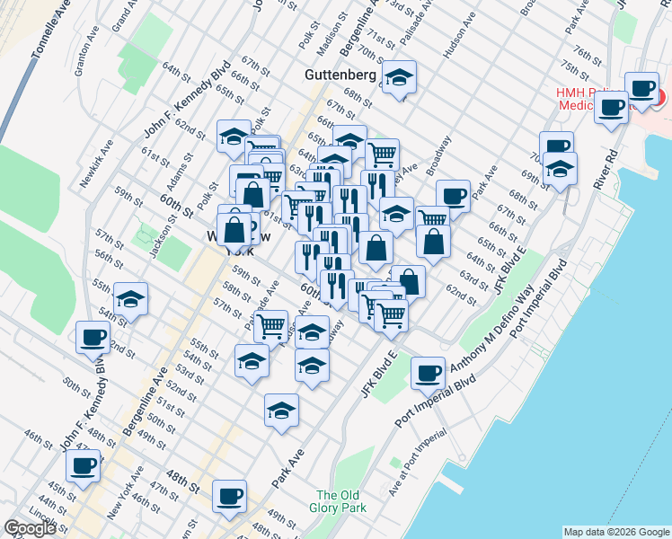 map of restaurants, bars, coffee shops, grocery stores, and more near 6032 Hudson Avenue in West New York