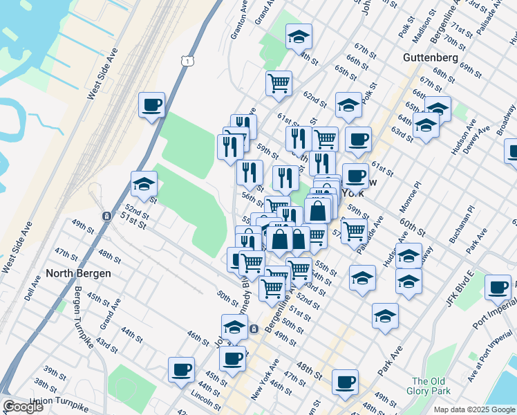 map of restaurants, bars, coffee shops, grocery stores, and more near 605 56th Street in West New York