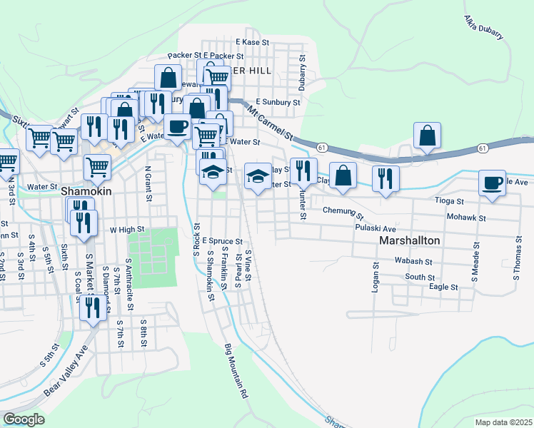 map of restaurants, bars, coffee shops, grocery stores, and more near 822 East Chestnut Street in Shamokin