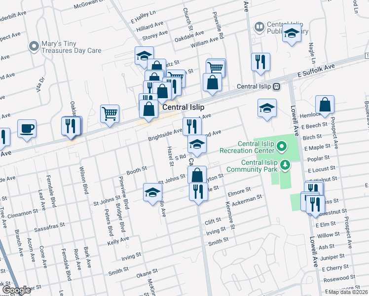 map of restaurants, bars, coffee shops, grocery stores, and more near 65 Carleton Avenue in Central Islip