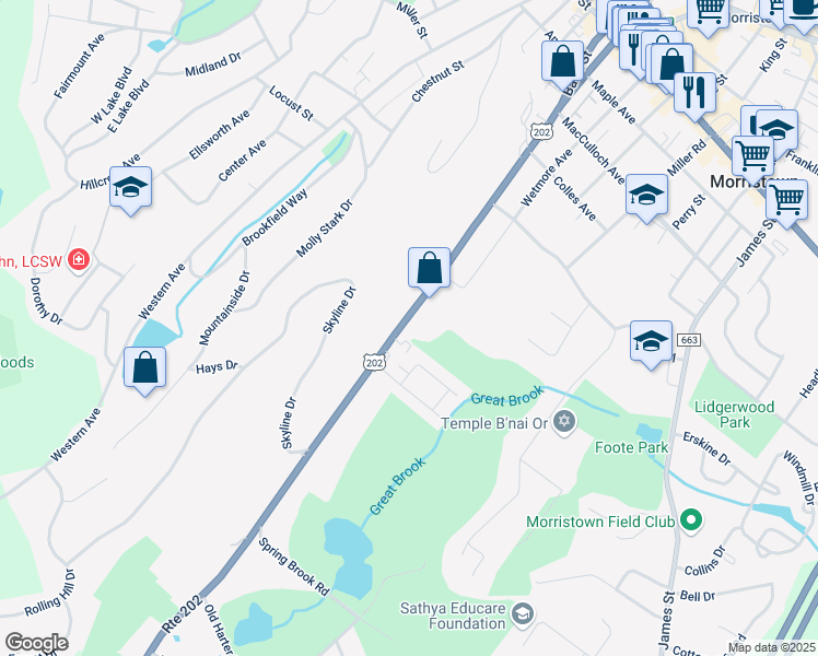 map of restaurants, bars, coffee shops, grocery stores, and more near 114 Mount Kemble Avenue in Morristown