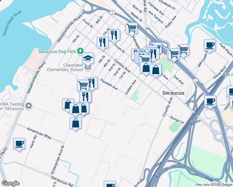 map of restaurants, bars, coffee shops, grocery stores, and more near 697 Minnie Place in Secaucus
