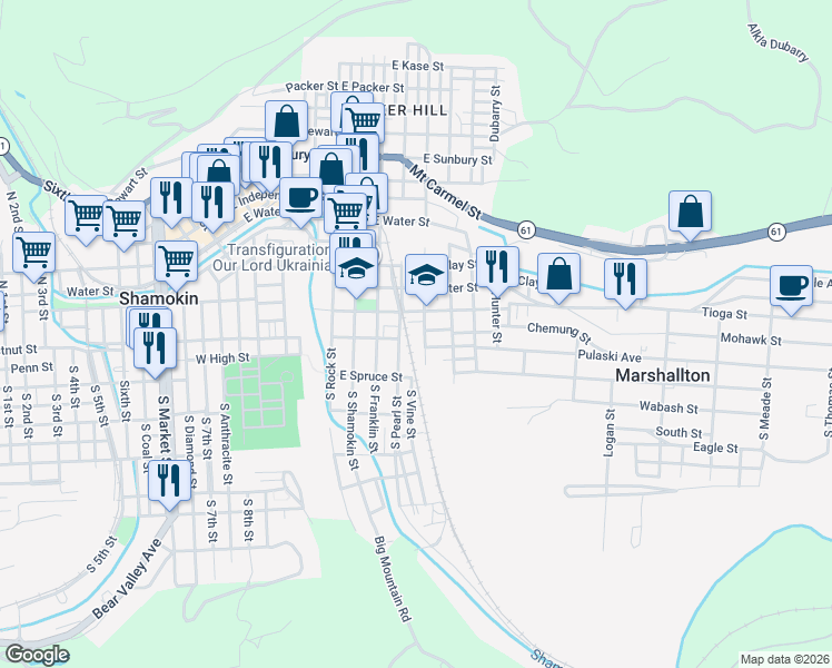 map of restaurants, bars, coffee shops, grocery stores, and more near 631 East Chestnut Street in Shamokin
