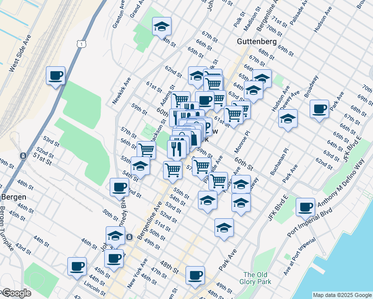 map of restaurants, bars, coffee shops, grocery stores, and more near 5807 Bergenline Avenue in West New York