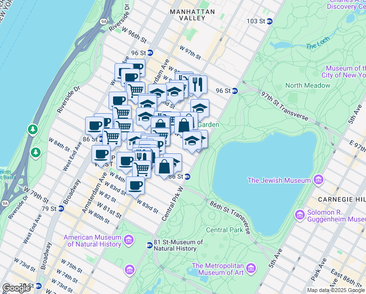 map of restaurants, bars, coffee shops, grocery stores, and more near 41 West 89th Street in New York