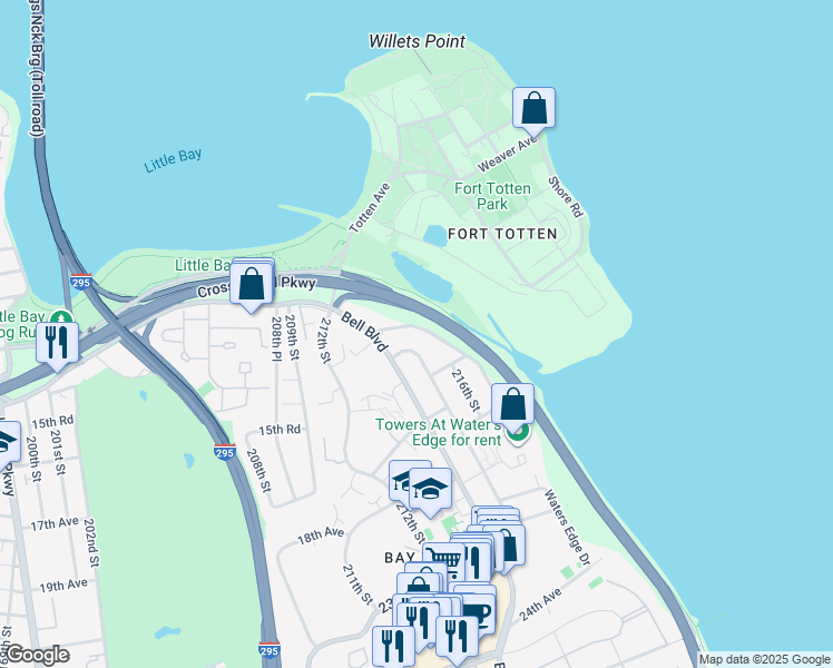 map of restaurants, bars, coffee shops, grocery stores, and more near 14-04 Waters Edge Drive in Queens