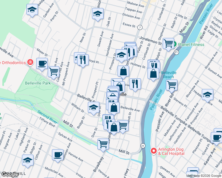map of restaurants, bars, coffee shops, grocery stores, and more near 7 Rutgers Court in Belleville