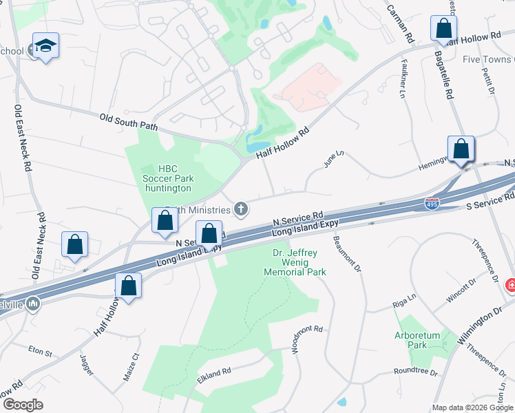 map of restaurants, bars, coffee shops, grocery stores, and more near 1 Penn Court in Dix Hills