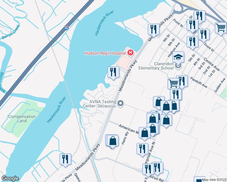 map of restaurants, bars, coffee shops, grocery stores, and more near 6 Marina Key in Secaucus